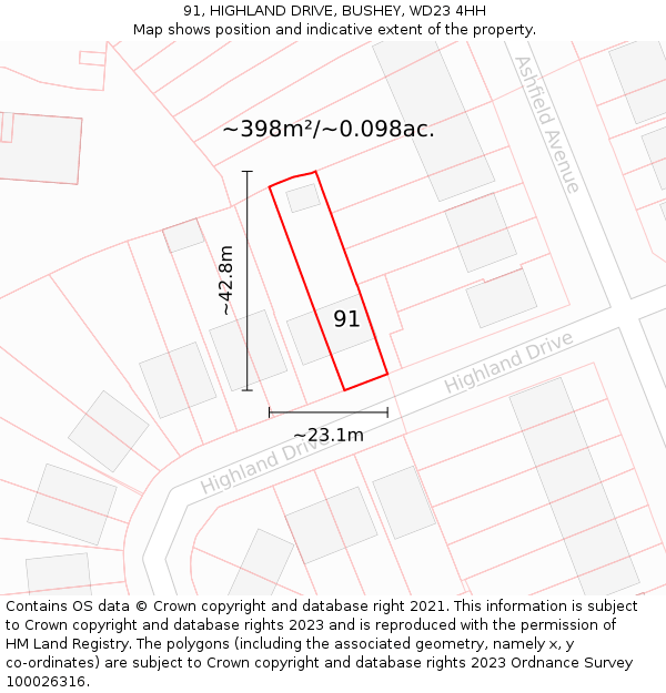 91, HIGHLAND DRIVE, BUSHEY, WD23 4HH: Plot and title map