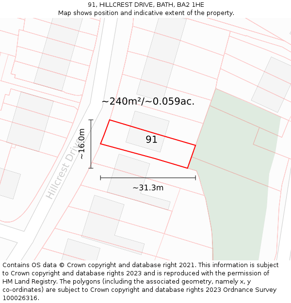 91, HILLCREST DRIVE, BATH, BA2 1HE: Plot and title map