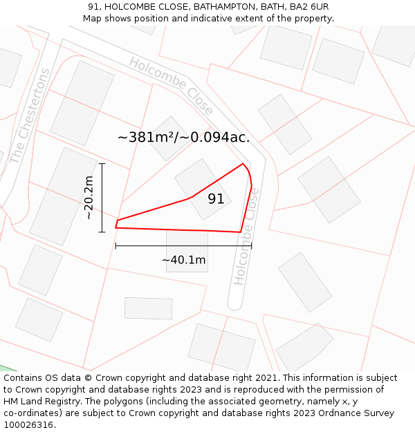 91, HOLCOMBE CLOSE, BATHAMPTON, BATH, BA2 6UR: Plot and title map
