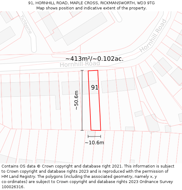 91, HORNHILL ROAD, MAPLE CROSS, RICKMANSWORTH, WD3 9TG: Plot and title map