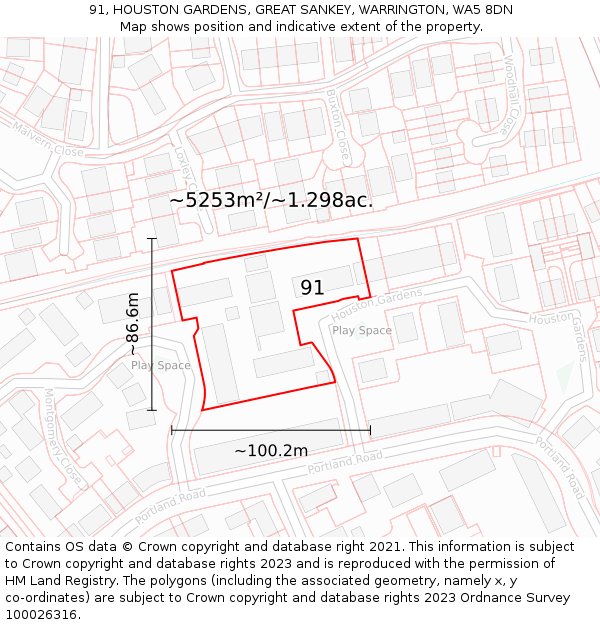 91, HOUSTON GARDENS, GREAT SANKEY, WARRINGTON, WA5 8DN: Plot and title map
