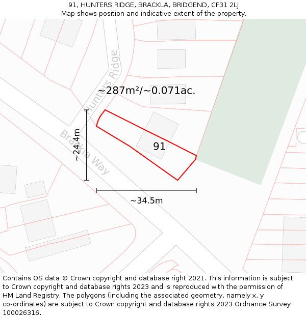 91, HUNTERS RIDGE, BRACKLA, BRIDGEND, CF31 2LJ: Plot and title map