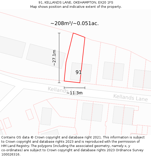 91, KELLANDS LANE, OKEHAMPTON, EX20 1FS: Plot and title map