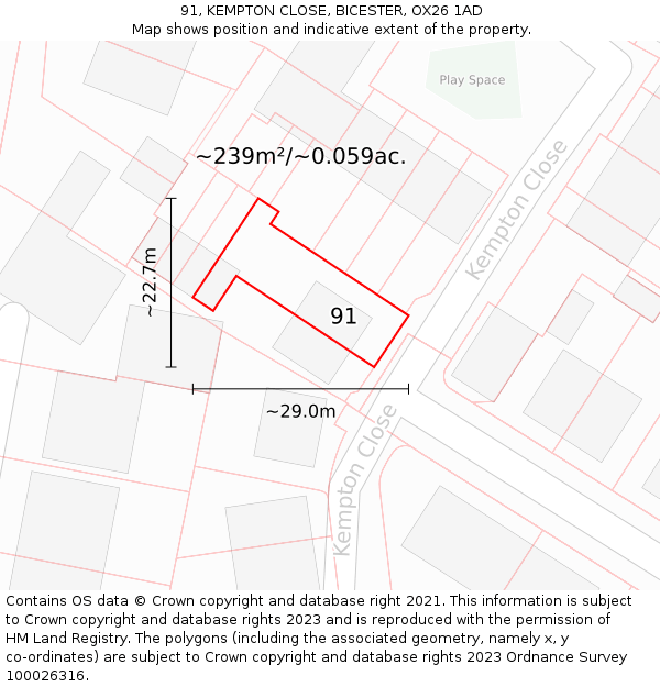 91, KEMPTON CLOSE, BICESTER, OX26 1AD: Plot and title map