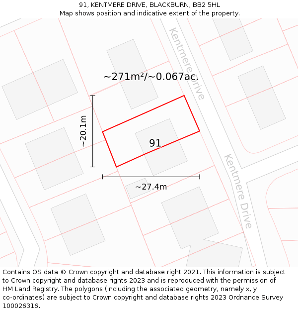 91, KENTMERE DRIVE, BLACKBURN, BB2 5HL: Plot and title map