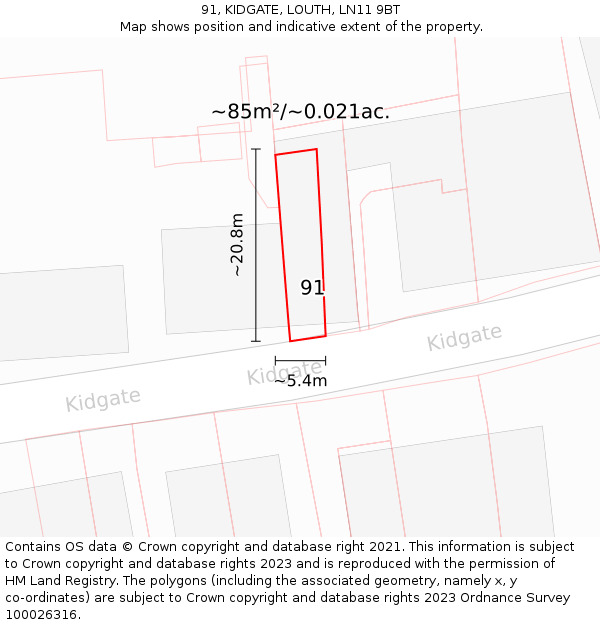 91, KIDGATE, LOUTH, LN11 9BT: Plot and title map