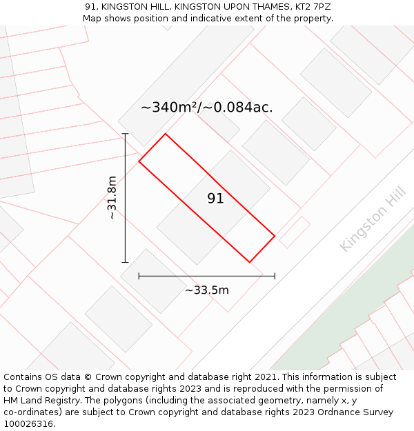 91, KINGSTON HILL, KINGSTON UPON THAMES, KT2 7PZ: Plot and title map