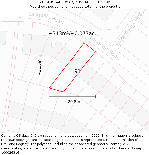 91, LANGDALE ROAD, DUNSTABLE, LU6 3BX: Plot and title map