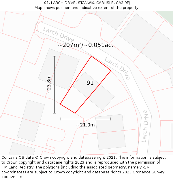 91, LARCH DRIVE, STANWIX, CARLISLE, CA3 9FJ: Plot and title map