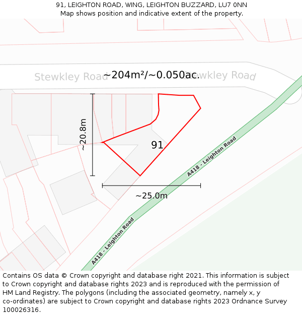 91, LEIGHTON ROAD, WING, LEIGHTON BUZZARD, LU7 0NN: Plot and title map