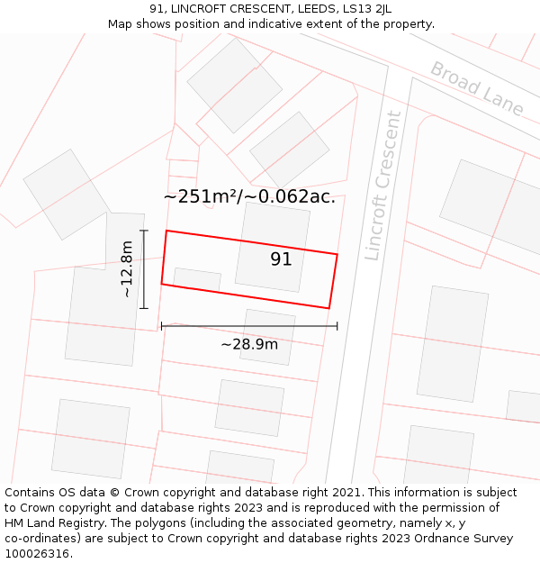 91, LINCROFT CRESCENT, LEEDS, LS13 2JL: Plot and title map