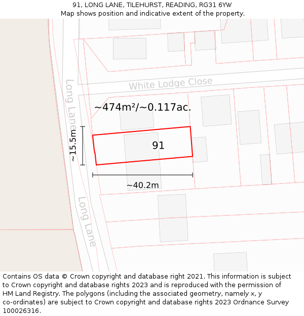 91, LONG LANE, TILEHURST, READING, RG31 6YW: Plot and title map