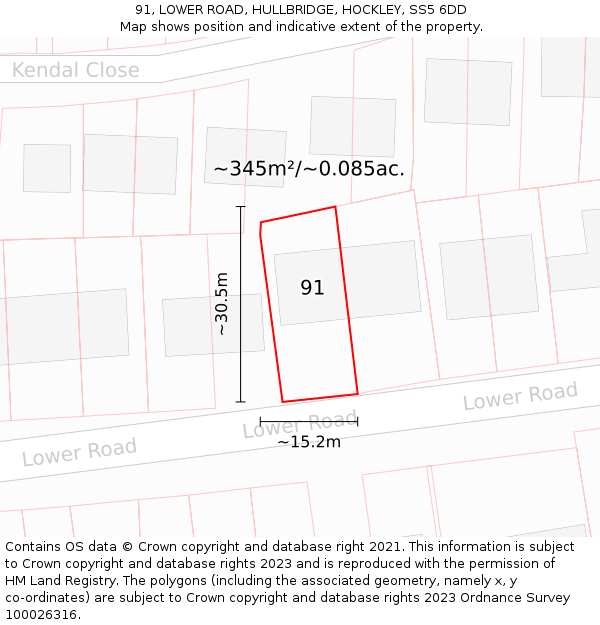 91, LOWER ROAD, HULLBRIDGE, HOCKLEY, SS5 6DD: Plot and title map