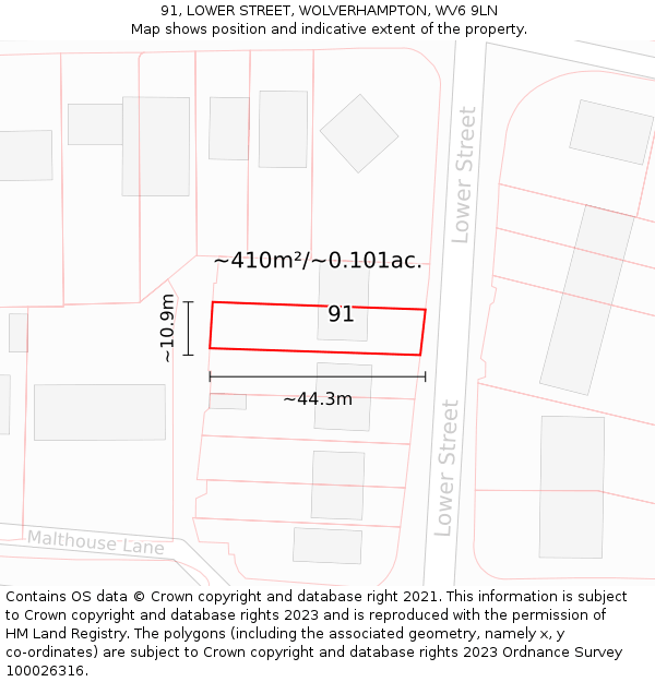 91, LOWER STREET, WOLVERHAMPTON, WV6 9LN: Plot and title map