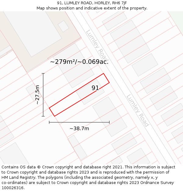 91, LUMLEY ROAD, HORLEY, RH6 7JF: Plot and title map