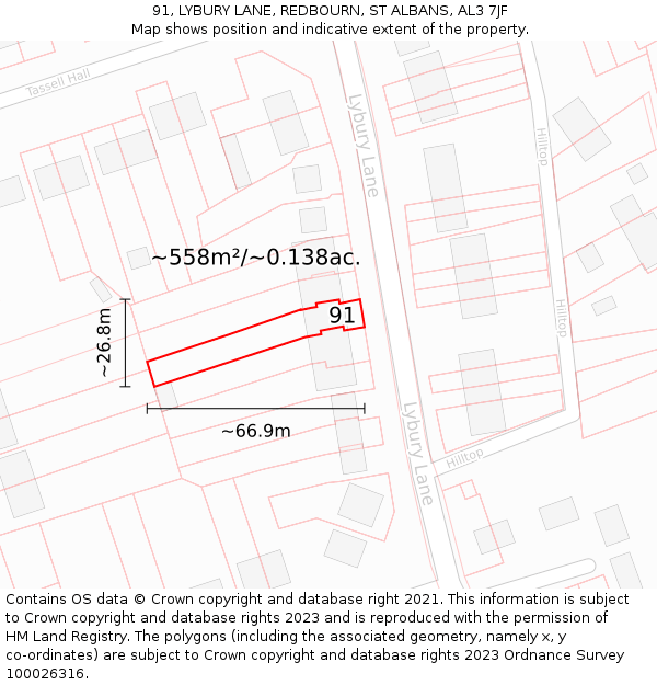 91, LYBURY LANE, REDBOURN, ST ALBANS, AL3 7JF: Plot and title map