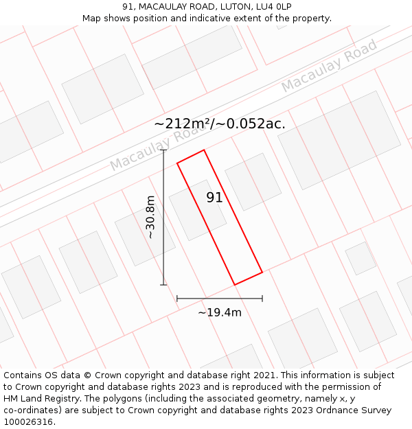 91, MACAULAY ROAD, LUTON, LU4 0LP: Plot and title map