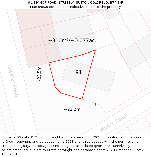 91, MANOR ROAD, STREETLY, SUTTON COLDFIELD, B74 3NF: Plot and title map