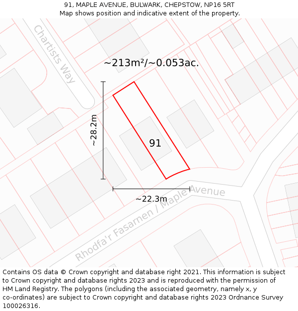 91, MAPLE AVENUE, BULWARK, CHEPSTOW, NP16 5RT: Plot and title map