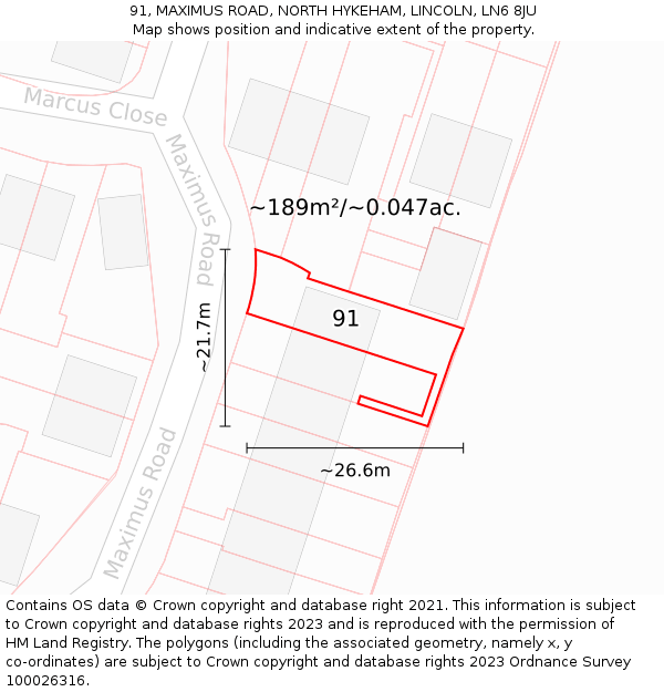 91, MAXIMUS ROAD, NORTH HYKEHAM, LINCOLN, LN6 8JU: Plot and title map