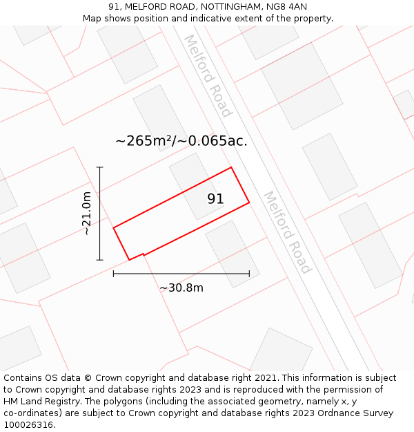 91, MELFORD ROAD, NOTTINGHAM, NG8 4AN: Plot and title map