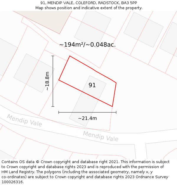 91, MENDIP VALE, COLEFORD, RADSTOCK, BA3 5PP: Plot and title map