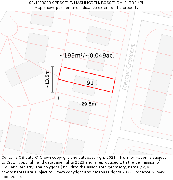 91, MERCER CRESCENT, HASLINGDEN, ROSSENDALE, BB4 4RL: Plot and title map