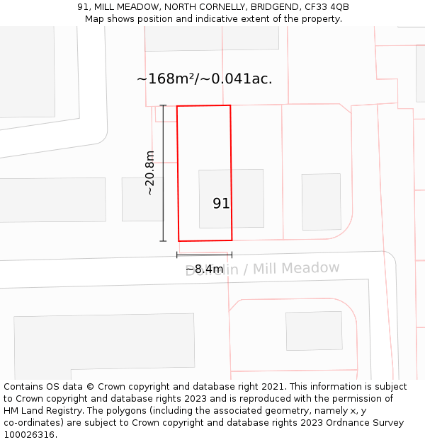 91, MILL MEADOW, NORTH CORNELLY, BRIDGEND, CF33 4QB: Plot and title map