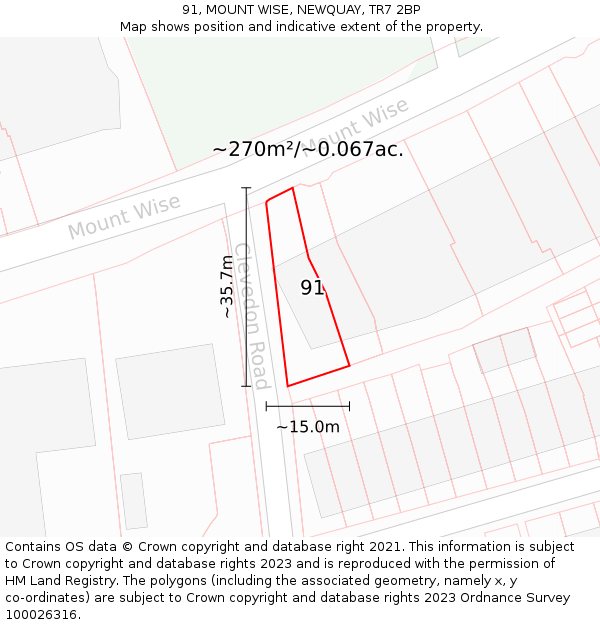 91, MOUNT WISE, NEWQUAY, TR7 2BP: Plot and title map