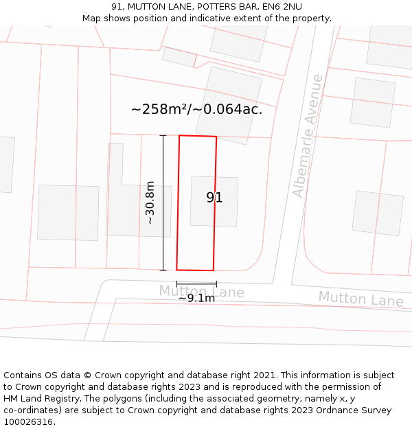 91, MUTTON LANE, POTTERS BAR, EN6 2NU: Plot and title map