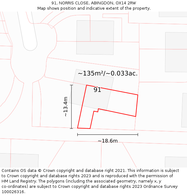 91, NORRIS CLOSE, ABINGDON, OX14 2RW: Plot and title map