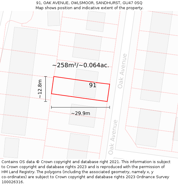 91, OAK AVENUE, OWLSMOOR, SANDHURST, GU47 0SQ: Plot and title map