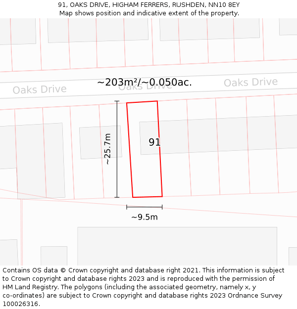 91, OAKS DRIVE, HIGHAM FERRERS, RUSHDEN, NN10 8EY: Plot and title map
