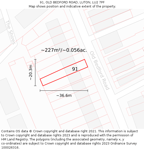 91, OLD BEDFORD ROAD, LUTON, LU2 7PF: Plot and title map