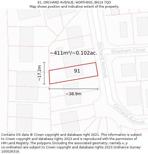 91, ORCHARD AVENUE, WORTHING, BN14 7QD: Plot and title map
