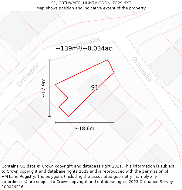 91, ORTHWAITE, HUNTINGDON, PE29 6XB: Plot and title map