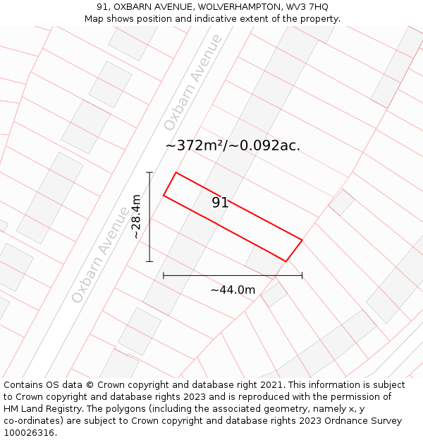 91, OXBARN AVENUE, WOLVERHAMPTON, WV3 7HQ: Plot and title map