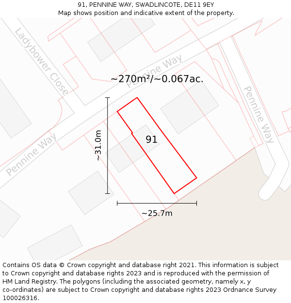 91, PENNINE WAY, SWADLINCOTE, DE11 9EY: Plot and title map