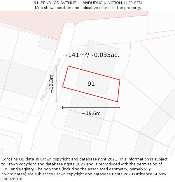 91, PENRHOS AVENUE, LLANDUDNO JUNCTION, LL31 9EN: Plot and title map