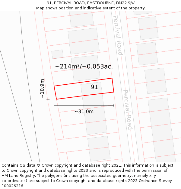 91, PERCIVAL ROAD, EASTBOURNE, BN22 9JW: Plot and title map