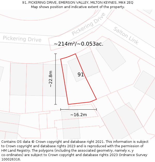 91, PICKERING DRIVE, EMERSON VALLEY, MILTON KEYNES, MK4 2EQ: Plot and title map