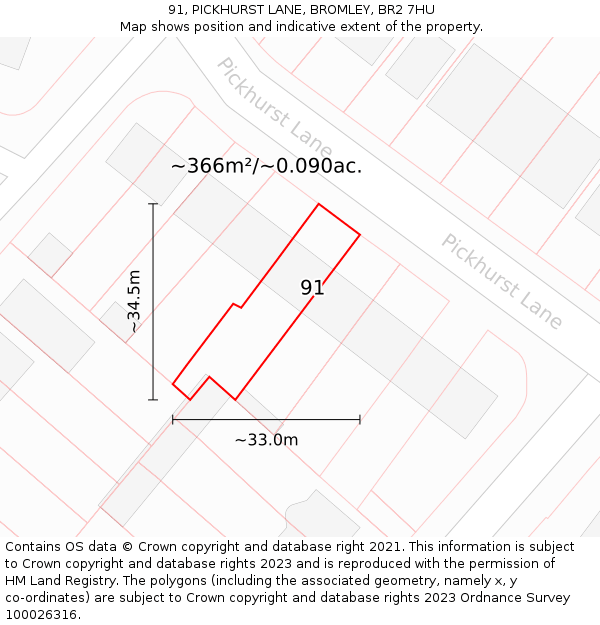 91, PICKHURST LANE, BROMLEY, BR2 7HU: Plot and title map