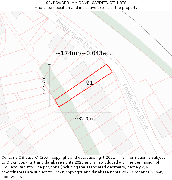 91, POWDERHAM DRIVE, CARDIFF, CF11 8ES: Plot and title map
