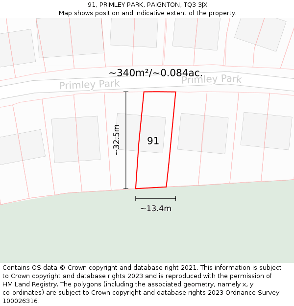 91, PRIMLEY PARK, PAIGNTON, TQ3 3JX: Plot and title map