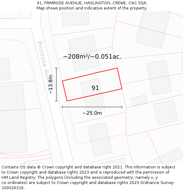 91, PRIMROSE AVENUE, HASLINGTON, CREWE, CW1 5QA: Plot and title map