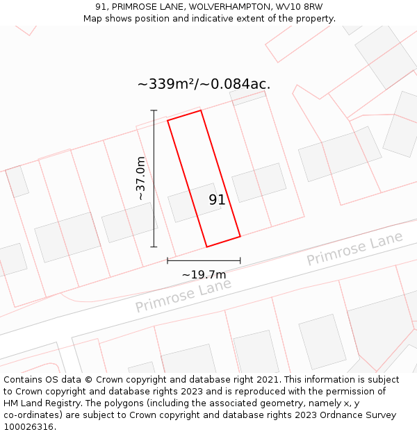 91, PRIMROSE LANE, WOLVERHAMPTON, WV10 8RW: Plot and title map