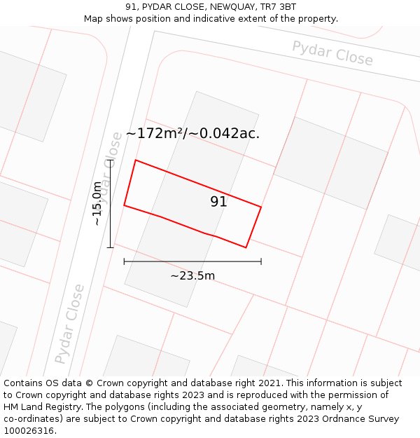 91, PYDAR CLOSE, NEWQUAY, TR7 3BT: Plot and title map