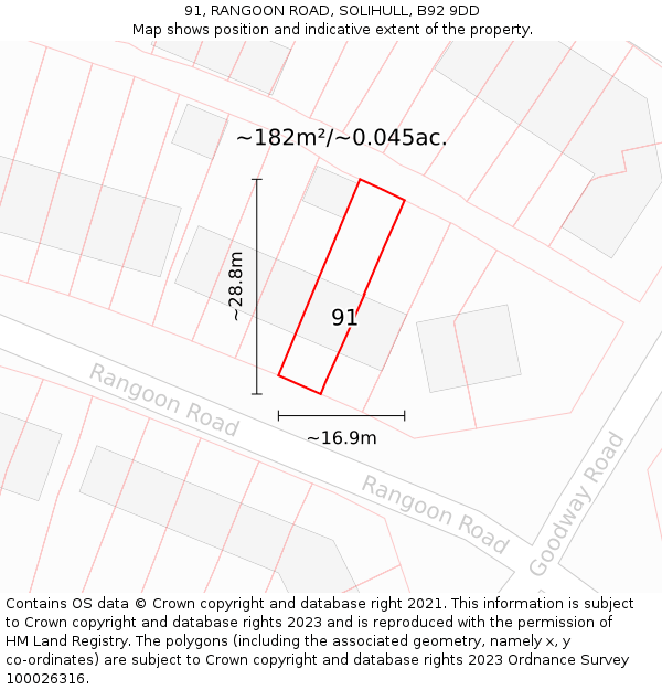 91, RANGOON ROAD, SOLIHULL, B92 9DD: Plot and title map