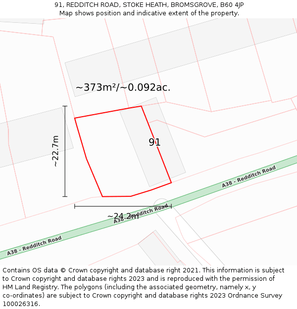 91, REDDITCH ROAD, STOKE HEATH, BROMSGROVE, B60 4JP: Plot and title map