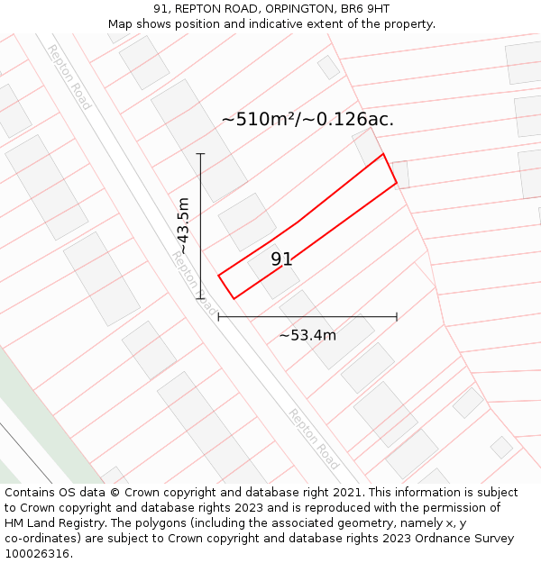 91, REPTON ROAD, ORPINGTON, BR6 9HT: Plot and title map